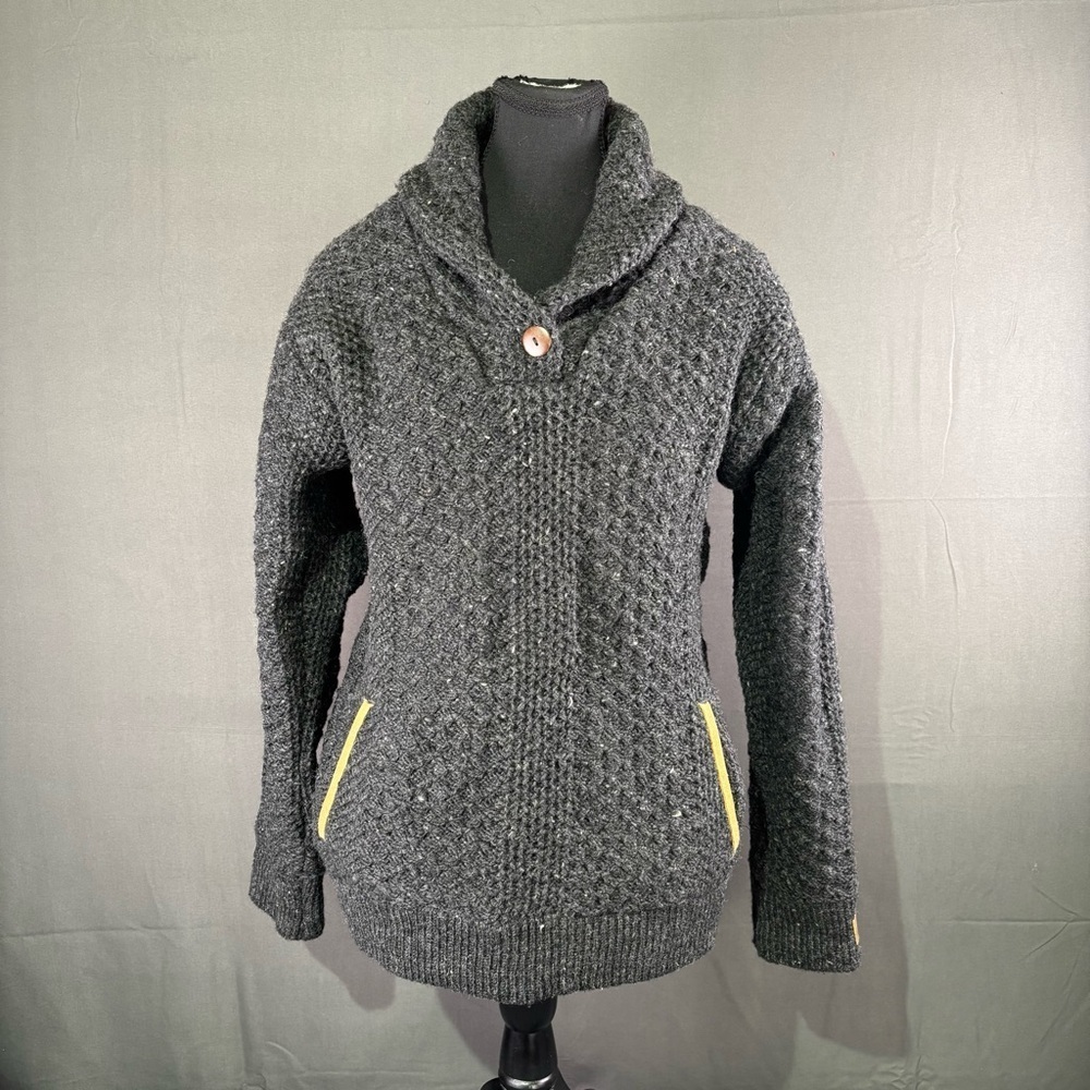 Kyber Sweater Men L 100% Wool Fisherman Cable Knit Heavyweight Shawl Collar Gray